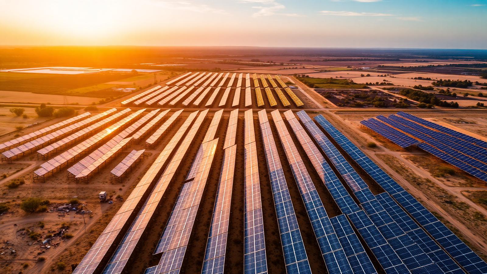 Usina de energia solar fotovoltaica ao pôr do sol